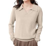 Women's V Neck Collared Jumpers Long Sleeved Knitted Wool Pullover Elegant Temperament Soft Sweaters Ladies Casual Looks Turn Down Collar Jumper for Daily Work Weekend Beige