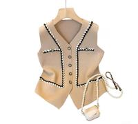 Women's V-Neck Contrast Vest Open Cardigan Summer | polyester fabric, lightweight feel, sleeveless , easy care, black white apricot khaki