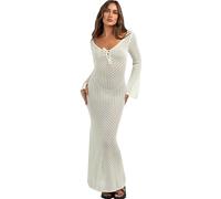 Womens V Neck Crochet Maxi Dresses Long Sleeve See Through Knit Bodycon Long Dress Beach Bikini Cover Up Dresses (Standard, L, White)