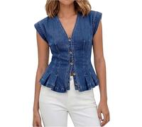 Womens V Neck Denim Vests Top Trendy Casual Cap Sleeve Deep V Neck Button Down Y2k Fitted Pleated Jean Vest Waistcoat(Dark Blue, XL)