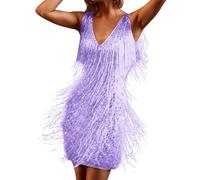 Women's V Neck Fringed Sequin Mini Dress - Sleeveless Glitter Bodycon Flapper Dress for 1920s, Latin Dance & Evening Cocktail Events