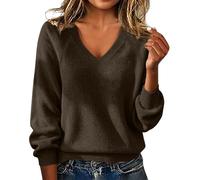 Womens V Neck Jumper Loose Fit Long Sleeve Plain Knitted Pullover | Relaxed Plain Knitwear with Ribbed Cuffs and Hem for Jeans Trousers Office Weekends Travel and Everyday Layering
