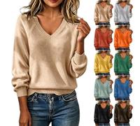 Womens V Neck Jumper Loose Fit Long Sleeve Plain Knitted Pullover | Relaxed Plain Knitwear with Ribbed Cuffs and Hem for Jeans Trousers Office Weekends Travel and Everyday Layering
