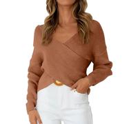Womens V Neck Jumpers Cross Wrap Long Sleeve Cropped Sweaters Off The Shoulder Elegant Going Out Knitted Jumper(Coffee, S)