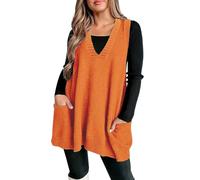 Women's V-Neck Knitted Sweater Vest Sleeveless Casual Pullover Textured Solid Color Split Side Loose Jumper Ladies Gilet Tops Streetwear Knitwear Women Stylish Retro Work Waistcoats Clothes Orange