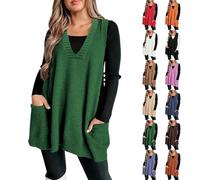 Women's V-Neck Knitted Sweater Vest Sleeveless Casual Pullover Textured Solid Color Split Side Loose Jumper Ladies Gilet Tops Streetwear Knitwear Women Stylish Retro Work Waistcoats Clothes Green