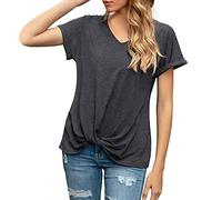 Women's V-Neck Knotted Loose Band Solid Color T Shirt Cotton Long Sleeve Tees Grey