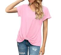 Women's V-Neck Knotted Loose Band Solid Color T Shirt Cotton Long Sleeve Tees Pink