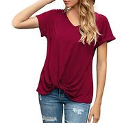 Women's V-Neck Knotted Loose Band Solid Color T Shirt Cotton Long Sleeve Tees Red