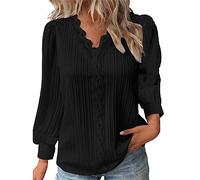Women's V Neck Lace Front Placket Blouse Chiffon Pleated Fabric Puff Long Sleeves Feminine Elegant Silhouette Flowy Loose Fit Office Casual Daily Fashion Lightweight Breathable Chic Top Black