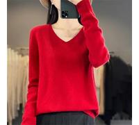 Women's V-Neck Line Clothing Solid Wool Knitting Sweater Hong XL