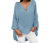 Women's V Neck Linen Gauze Tops for Women Summer Dolman Sleeve Breathable Plus Size Blouses Casual Spring Shirt Oversized Trendy Button Down Long Sleeve Rolled Up Solid Color Womens Blue
