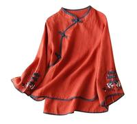Women's V-Neck Long Sleeve Blouse Chinese Style Asymmetrical Frogs Buttons Shirts with Floral Embroidery Teen Girls Bell Sleeves Cotton Linen Like Tunic Tops Fall Spring Casual Wear Orange