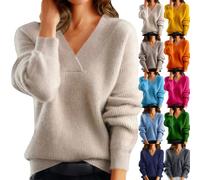 Women's V-Neck Long Sleeve Knitted Jumper Elegant Plain Knitted Jumper Casual Sweat Pullover Autumn Winter Soft Winter Jumper Comfortable Slim Fit Tops Leisure Knitted Sweater