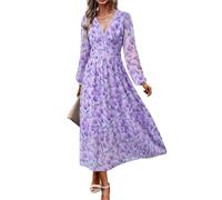Women's V Neck Long Sleeve Wrap Maxi Dress A Line Empire Waist Fall Wedding Guest Party Casual Chiffon Dress, Purple Flowers, XL