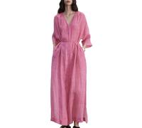 Women's V-Neck Loose Long Dress Solid 3/4 Sleeve Ramie Casual Button Down with Belt Maxi Shirt Dress, Rose Pink, One size