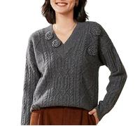Women's V-Neck Merino Wool Handmade Floral Pullover, Autumn/Winter Cashmere Sweater