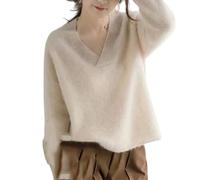 Women's V-Neck Merino Wool Pullover, Solid Color, Autumn/Winter Casual Loose-Fitting Top Beige