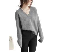 Women's V-Neck Merino Wool Pullover, Solid Color, Autumn/Winter Casual Loose-Fitting Top Gray