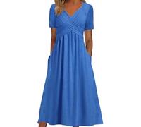 Women's V-Neck Midi Dress - Chic and Elegant Dress, Women's Beach Dress, Short Sleeve, Solid Colour, Casual with Pocket, High Waisted Dress, Slim Fit Fashion, Elegant and Comfortable Dresses