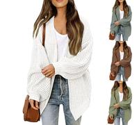 Women's V Neck Open Front Long Balloon Sleeve Sweater,Crochet Cardigans for Women,Knit Sleeve Casual Loose Sweaters (White,M)