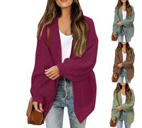 Women's V Neck Open Front Long Balloon Sleeve Sweater,Crochet Cardigans for Women,Knit Sleeve Casual Loose Sweaters (Purple,L)