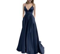 Women's V-Neck Prom Dresses Spaghetti Straps A Line Ball Gown Long Satin Formal Evening Party Gowns Navy Blue UK14