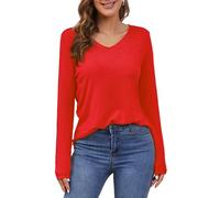 Women's V Neck Pullover Sweater Long Sleeve Soft Knit Lightweight Jumper Tops, Red, M