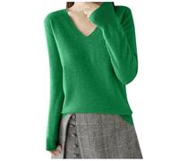 Women's V-Neck Pullover Sweaters Long Sleeve Fall Winter Loose Fit Top Blouse Ladies Lightweight Knitted Jumper Plain Casual Crochet Knit Tops Green S