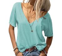 Women's V Neck Rolled Sleeve Tops Summer Curved Hem Short Sleeve Solid Casual Loose Basic T Shirt, Sky Blue, L