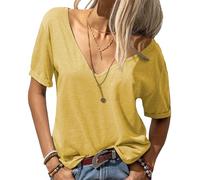 Women's V Neck Rolled Sleeve Tops Summer Curved Hem Short Sleeve Solid Casual Loose Basic T Shirt, Yellow, L