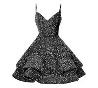 Women's V Neck Sequin Dress - Chic and Elegant Sexy Ruffles Retro Style Solid Colour High Waist Carnival Party Short Line Dress for Cocktail Prom