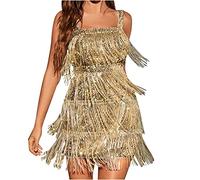 Women's V Neck Sequin Mini Dress - 1920s Flapper Fringe Vintage Dance Costume for Cocktail Party, Ballroom, Salsa, Samba, Tango, Latin - Sleeveless Gold Tassels
