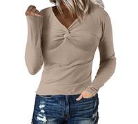 Womens V Neck Shirts Solid Color Casual Ribbed Shirts Stretchy Long Sleeve Pullover Slim Fit Tunic Tops Comfy Basic Pullover Blouse Tops Fashion Early Prime Deals Khaki