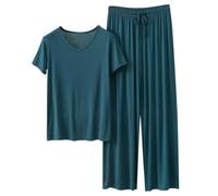 Womens V Neck Short Sleeve Pj Set, Womens Solid Color Modal Pj Set, Lightweight Breathable Sleepwear Classic Versatile Nightwear Fashion Minimalist Sleepwear Cool Loose Fit Sleepwear Green