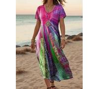 Women's V-Neck Short Sleeve Rainbow Stripe Print Loose Beach Maxi Dress | Flowy hem design,breathable knit textile,relaxed silhouette,boho radial artwork,tropical beachwear,resort-ready outfit