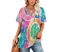 Women's V-Neck Short Sleeve T-Shirt - Colorful Tie-Dye Design Soft Cotton Summer Tee - Geometric Circle Pattern Casual Lightweight Top - Colorful