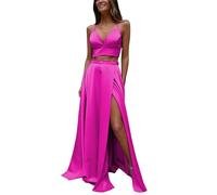 Women's V Neck Sleeveless Prom Gown Two Pieces A Line High Slit Formal Dress Spaghetti Straps Satin Prom Dress Hot Pink UK12