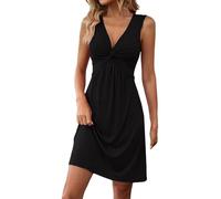 Women's V-Neck Sleeveless Sundress - Cotton A-Line Knotted Cross Front Tank Dress, Comfortable Casual Summer Dress for Travel, Cocktail Party, Vacation, Solid Color Fashion Outfit Sleeveless-Black