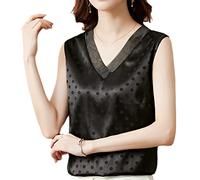 Women's V Neck Sleeveless Tank Tops Summer Polka Dot Silk Blouses Woman Embroidery Lace Satin Tops Black M