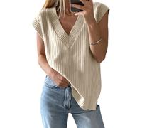 Women's V Neck Sweater Oversized Vest Sleeveless Lightweight Summer Sweater Elegant (beige, XXL)