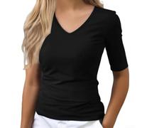 Women's V-Neck T-Shirt Mid-Sleeve Solid Casual Top Lightweight Quick Slim Base Layer Spring Summer L-5XL(Black 5XL)