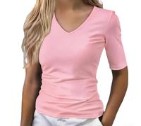 Women's V-Neck T-Shirt Mid-Sleeve Solid Casual Top Lightweight Quick Slim Base Layer Spring Summer L-5XL(Pink L)