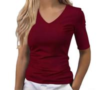 Women's V-Neck T-Shirt Mid-Sleeve Solid Casual Top Lightweight Quick Slim Base Layer Spring Summer L-5XL(Red 5XL)