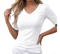 Women's V-Neck T-Shirt Mid-Sleeve Solid Casual Top Lightweight Quick Slim Base Layer Spring Summer L-5XL(White XL)