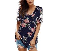 Women's V-Neck T-Shirt Short Blouse Hollow Print Fashion Sleeve Tops Women's Blouse Snake Pattern Top, navy, S
