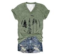 Women's V-neck T-shirt with forest silhouette, casual top for nature lovers, graphic shirt with trees motif, Style_r01 Green, S