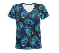 Women's V-neck T-shirt with pineapple pattern, summer top with tropical all-over print, leisure shirt for holidays and beach, Style_t01 Navy, XXL