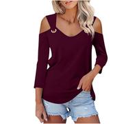 Women's V Neck T Shirts 3/4 Length Sleeve Tops for Women Sexy V Neck Cold Shoulder Cosy Basic Tunic Tops Loose Soft Plain 3/4 Sleeve Tee Shirt Going Out Tunics Autumn Clothes