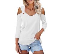 Women's V Neck T Shirts 3/4 Length Sleeve Tops for Women Sexy V Neck Cold Shoulder Cosy Basic Tunic Tops Loose Soft Plain 3/4 Sleeve Tee Shirt Going Out Tunics Autumn Clothes